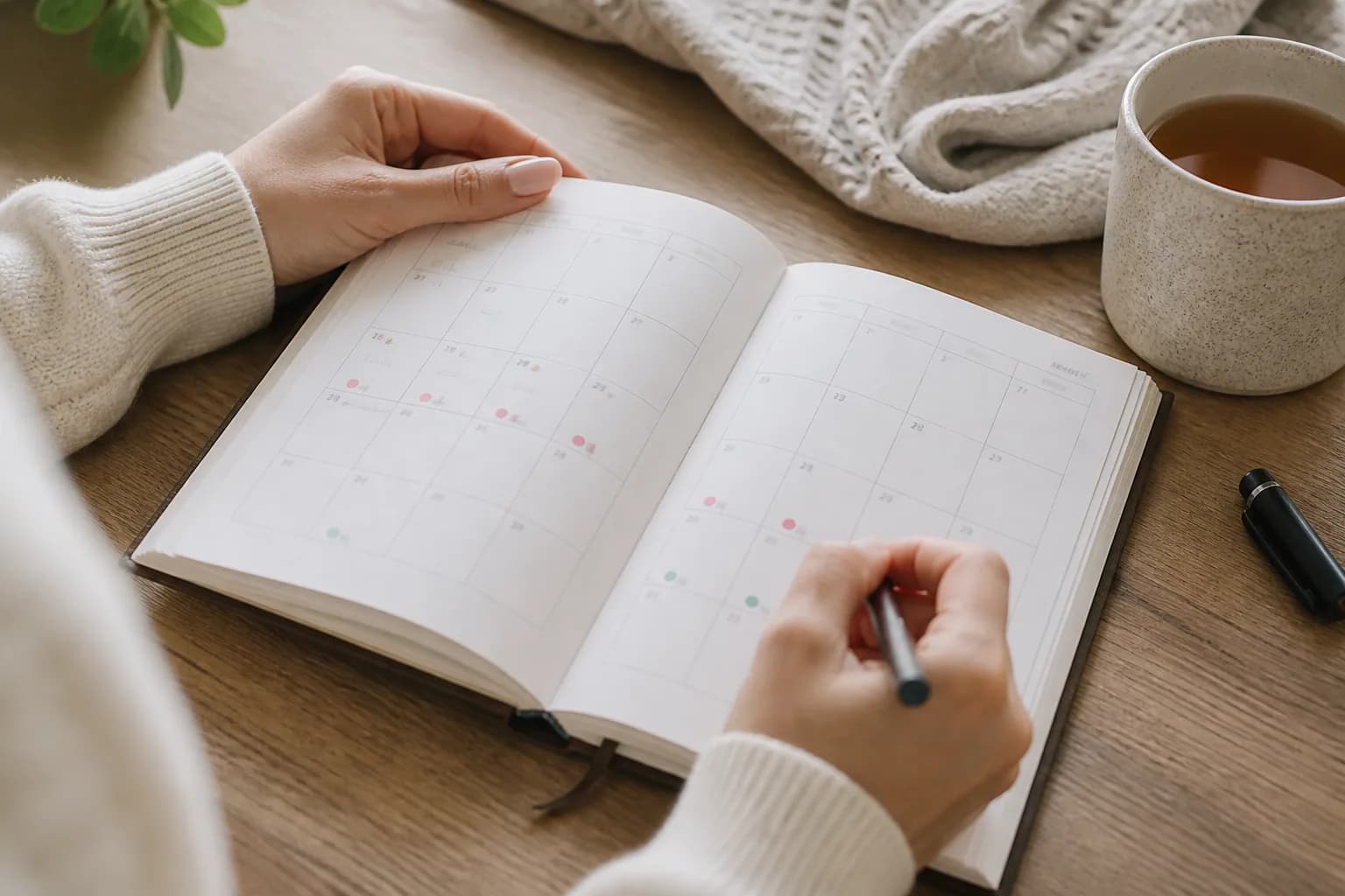 Hender som registrerer syklus og hodepinedager i en kalender