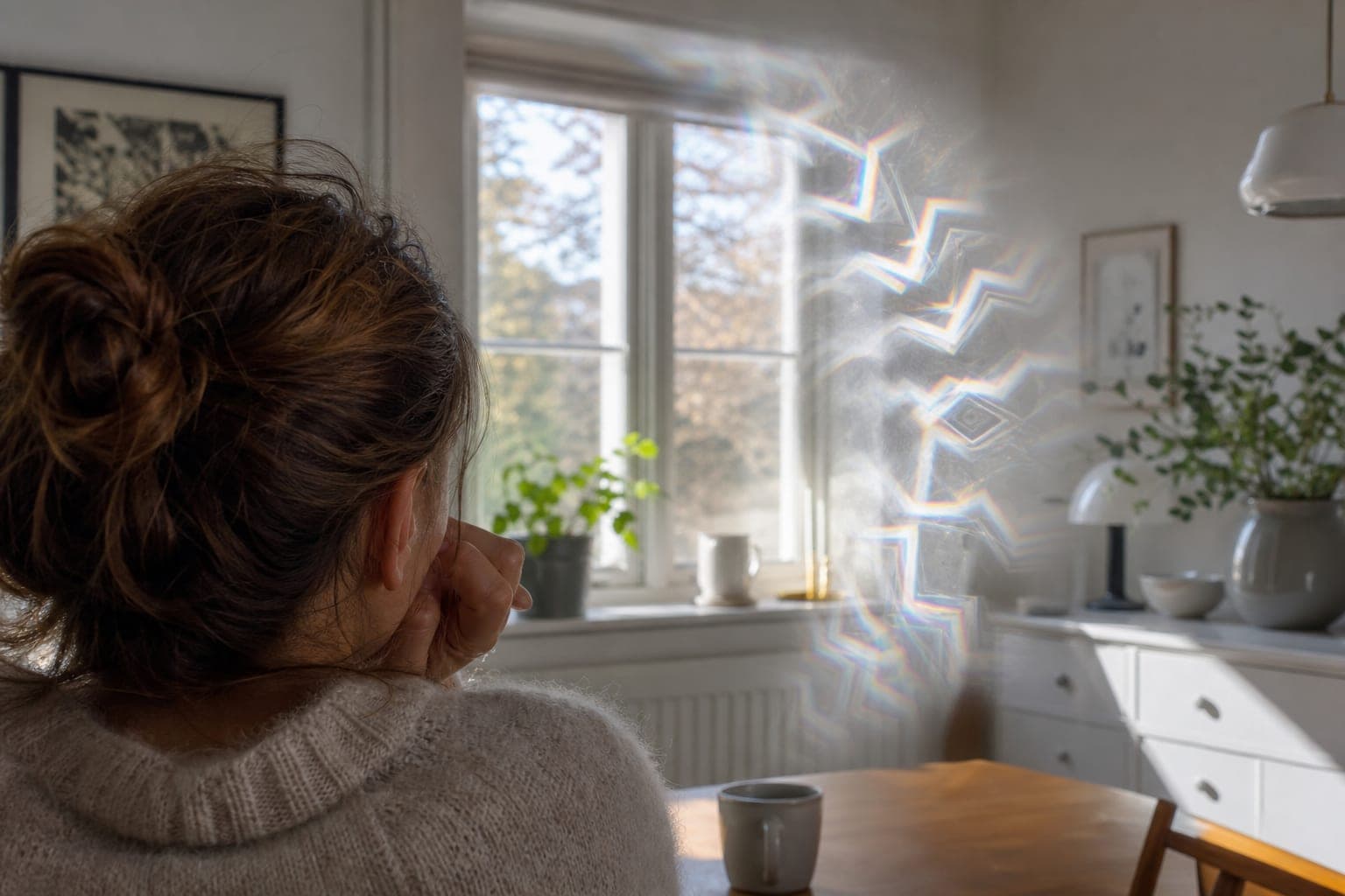 Illustrasjon av sikksakkmønster og synsfeltutfall ved migreneaura