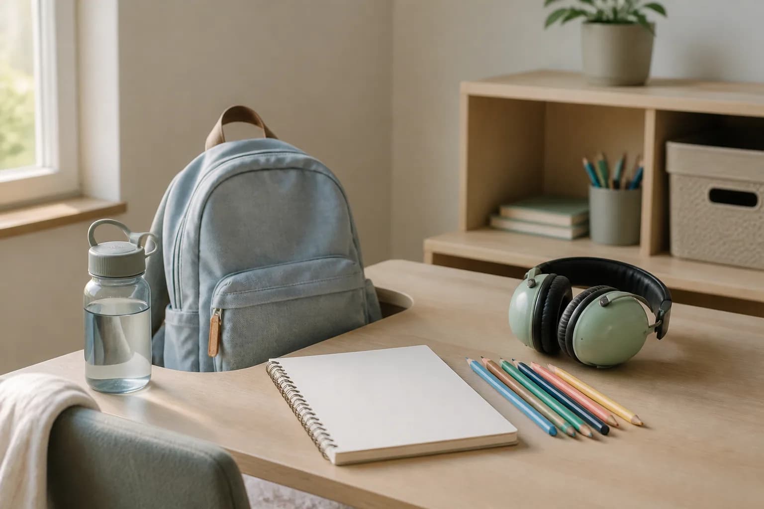 Skolesaker, vannflaske og enkel dagbok for registrering av hodepine hos barn